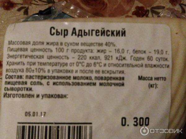 Калорийность сыра (адыгейский,  российский, плавленный) на 100 грамм