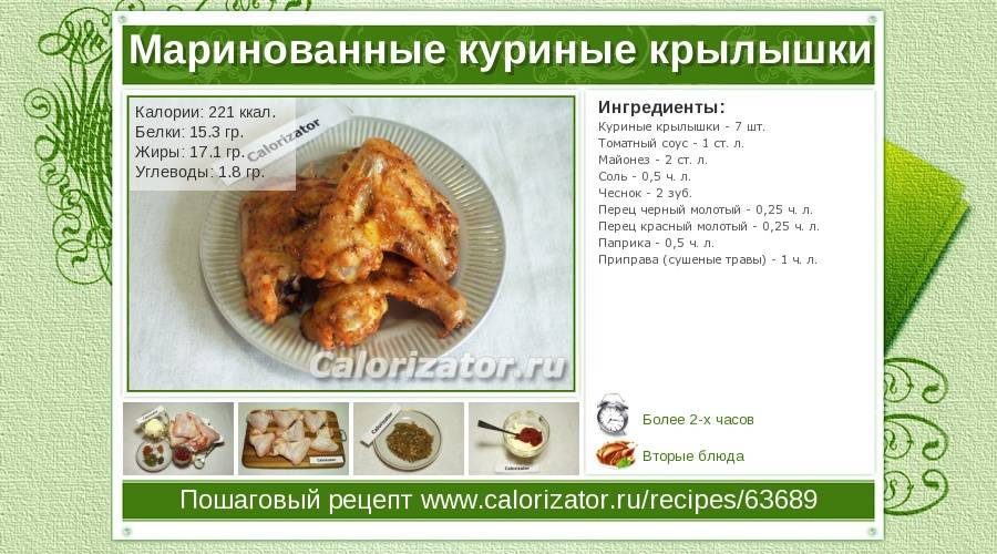 Калорийность куриные крылышки (1 шт. (от приготовленного 500 г. цыпленка) (18.5г))